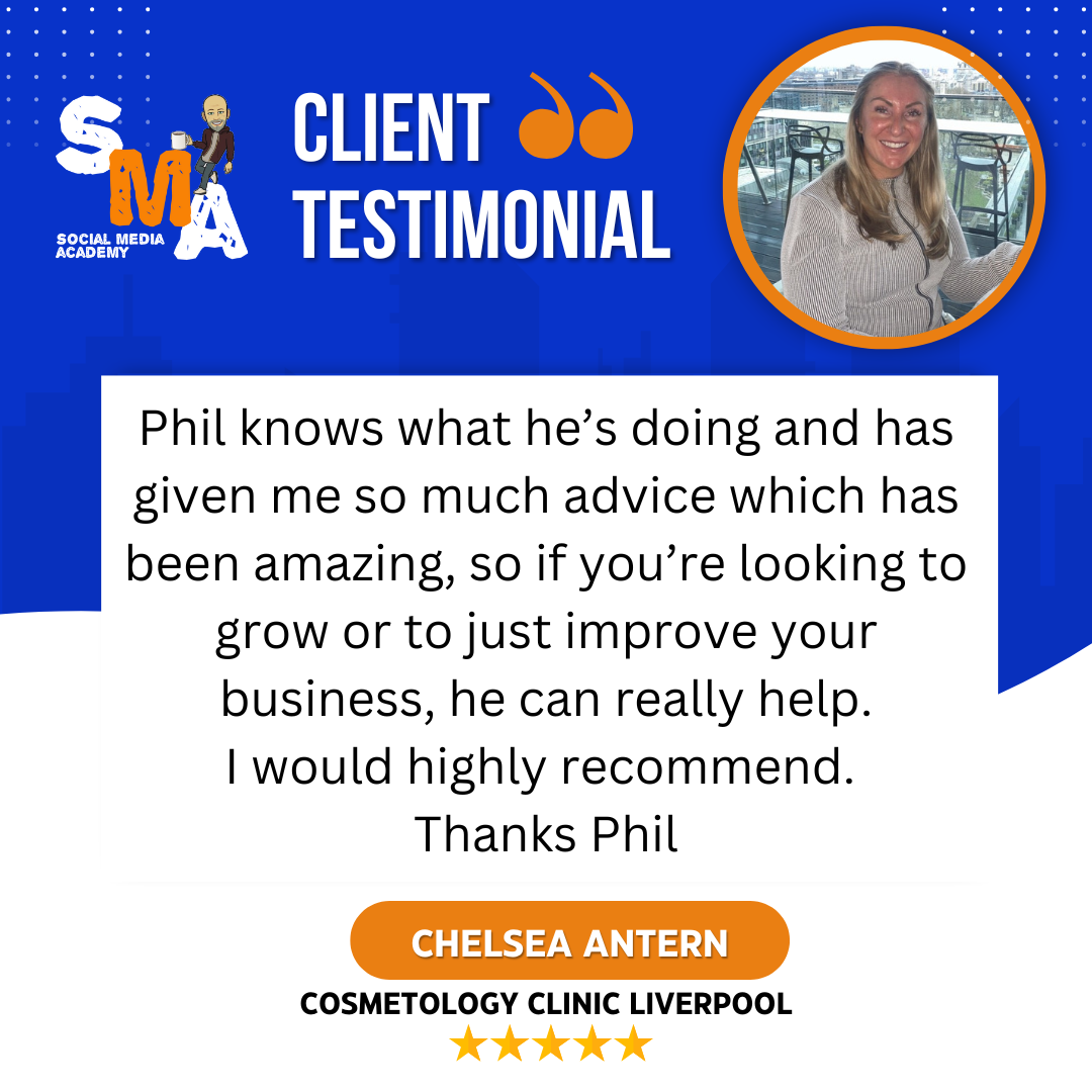 Client testimonial: Woman in a circle, text quote with 5-star rating, and the name 
