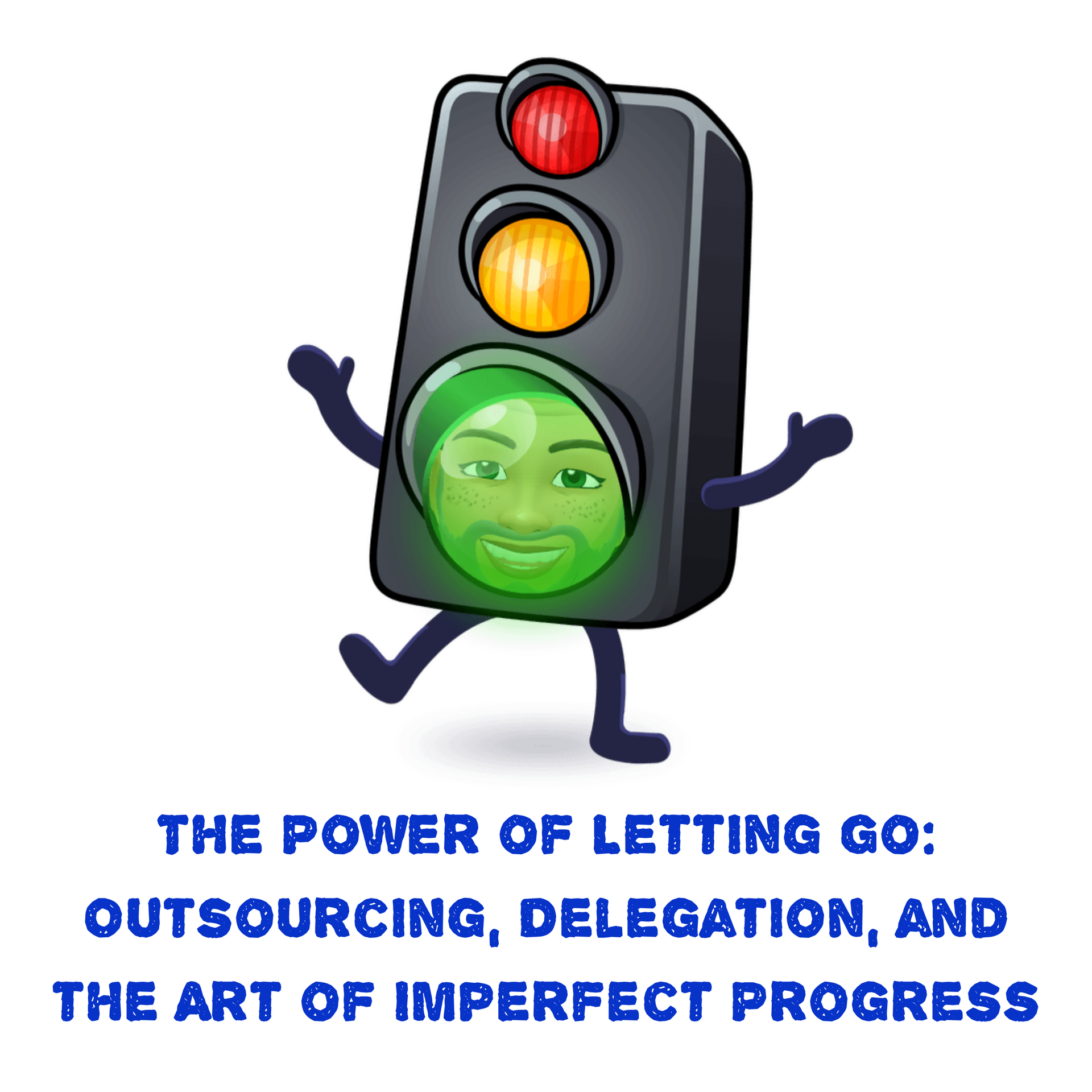 A cartoon illustration of a traffic light with arms and legs