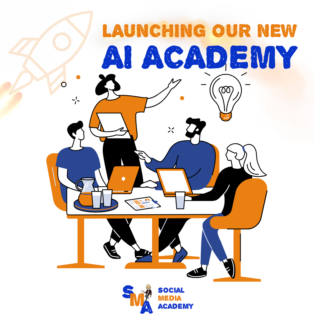 People at a table, laptops, launching new AI Academy. Orange, blue colors. Rocket and lightbulb icons.