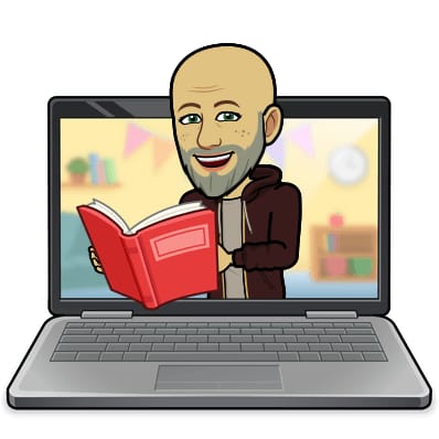 A cartoon man reading a book inside a laptop screen.