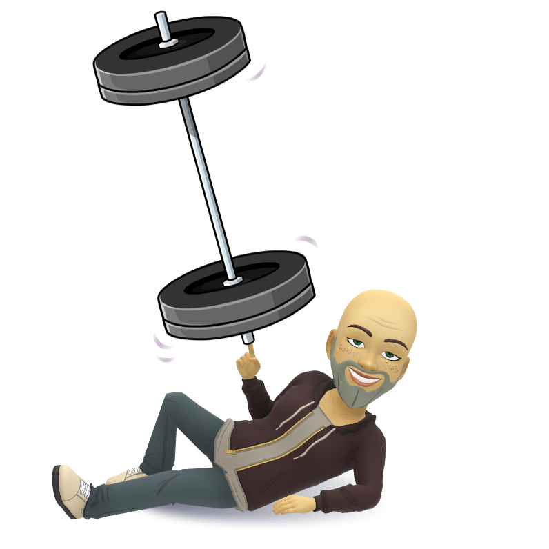 A cartoon man balancing a barbell on his finger, lying on the floor, smiling.