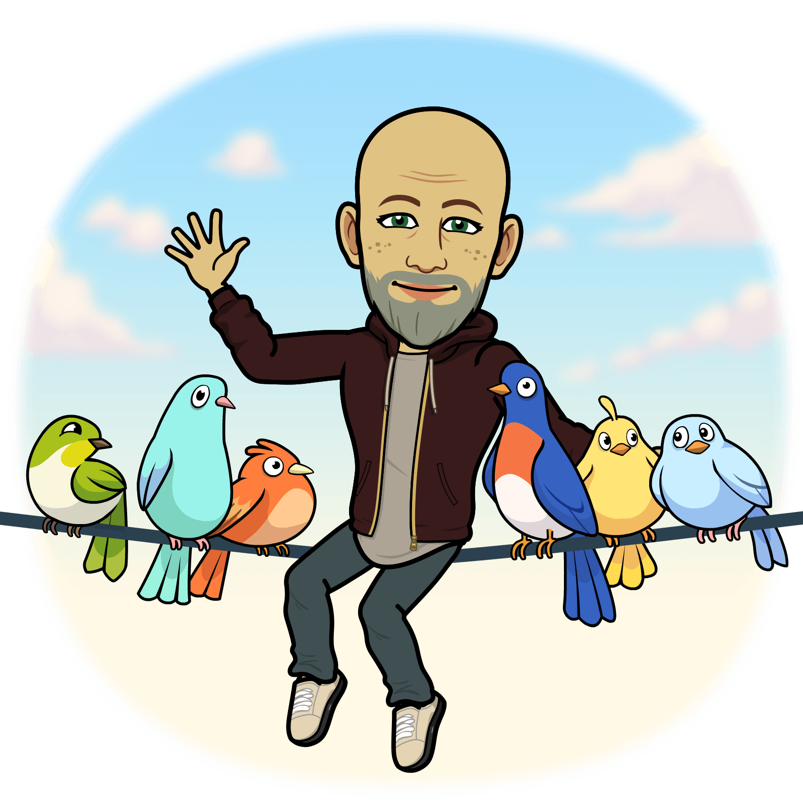 A cartoon of a man sitting on a wire surrounded by birds.