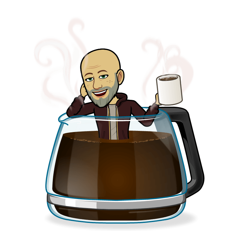 A man with a beard is sitting in a coffee pot holding a cup of coffee.