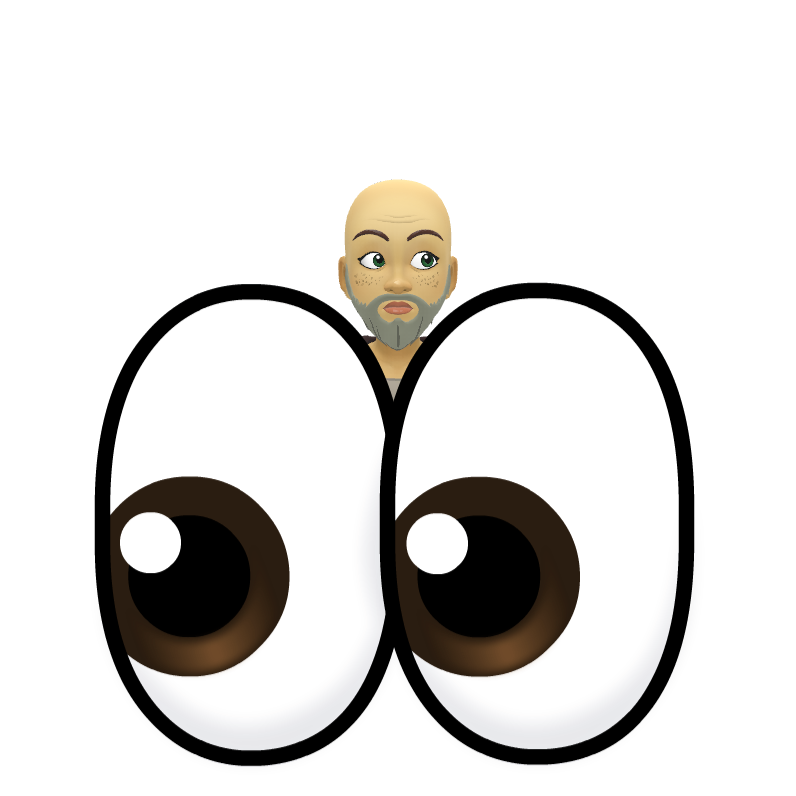 A man with a beard is behind a pair of cartoon eyes
