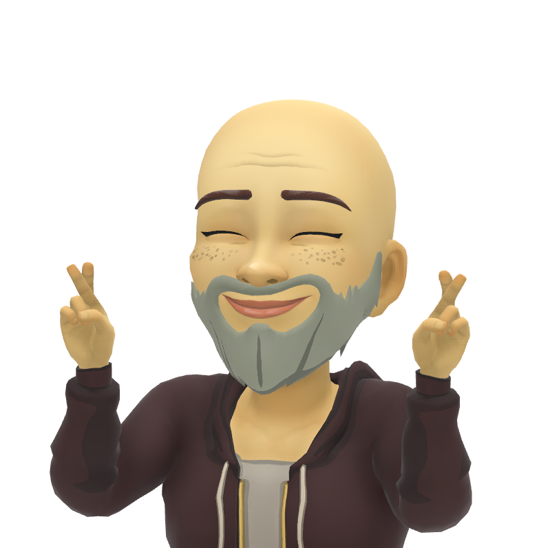 A bald man with a beard is making a peace sign