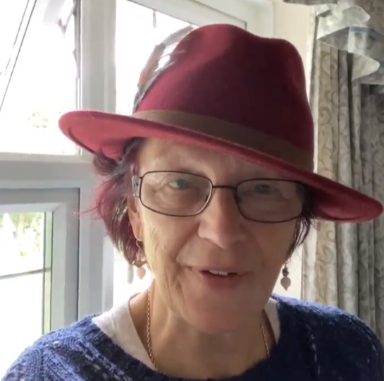 Woman in red hat, glasses, and blue sweater speaks in front of a window.