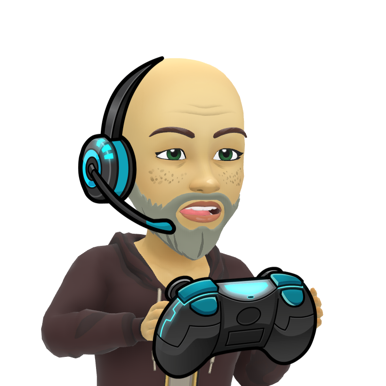 A bald man with a beard is wearing headphones and holding a video game controller.