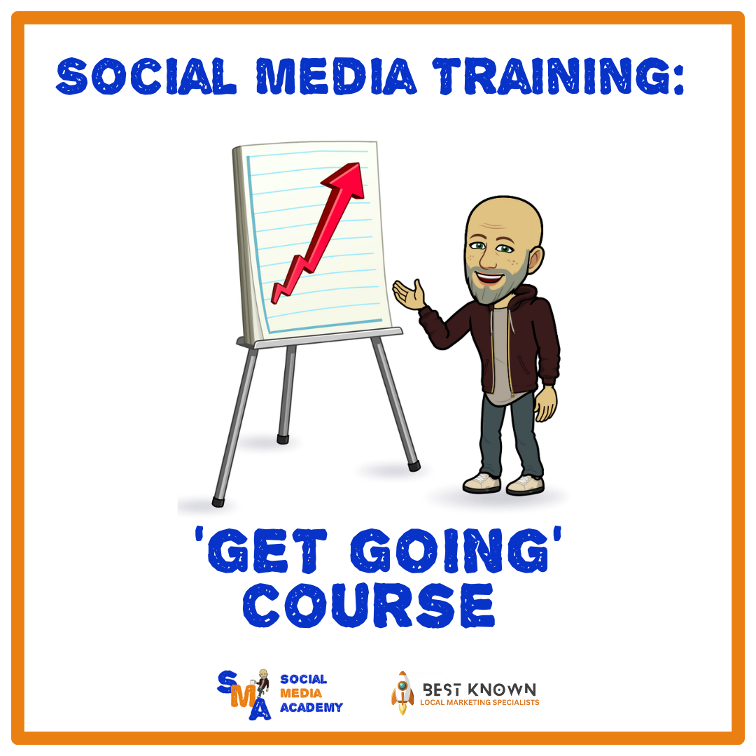 Cartoon man presenting a chart with an upward arrow. Social Media Training: 'Get Going' Course.