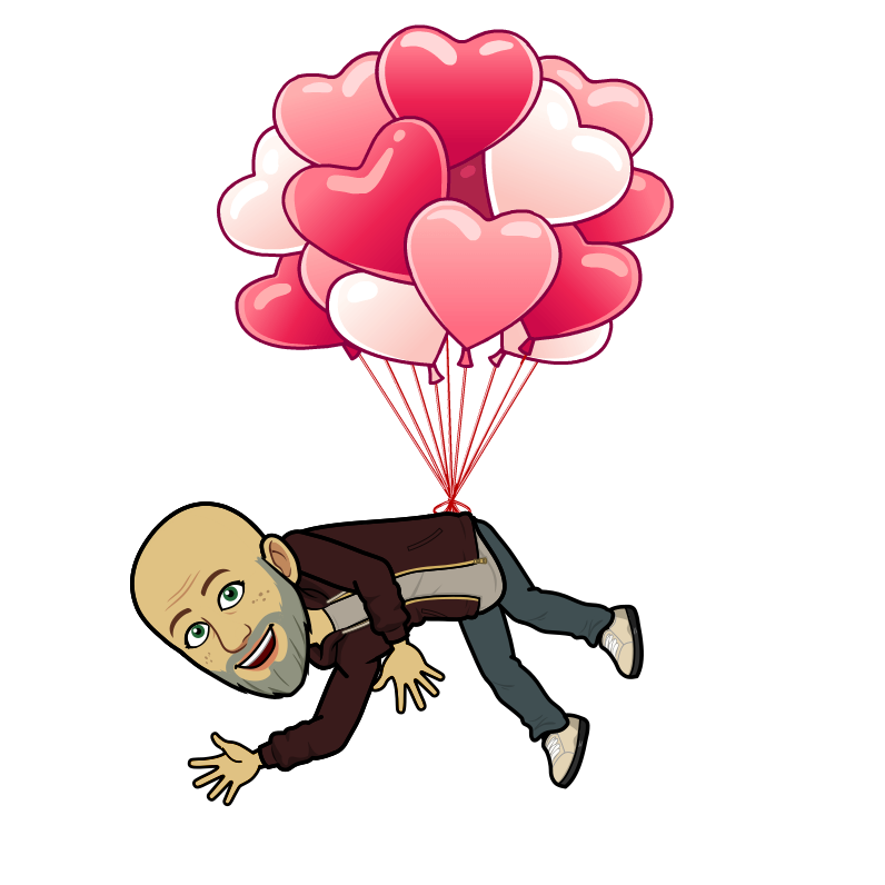 A cartoon man is flying through the air with a bunch of heart shaped balloons