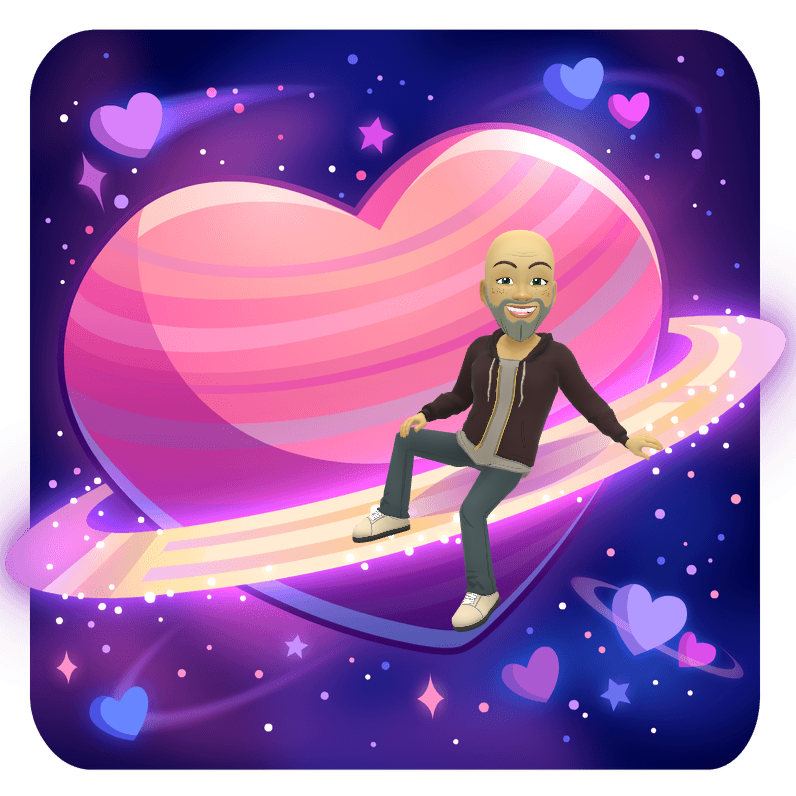 A man is standing on a heart shaped planet surrounded by hearts.