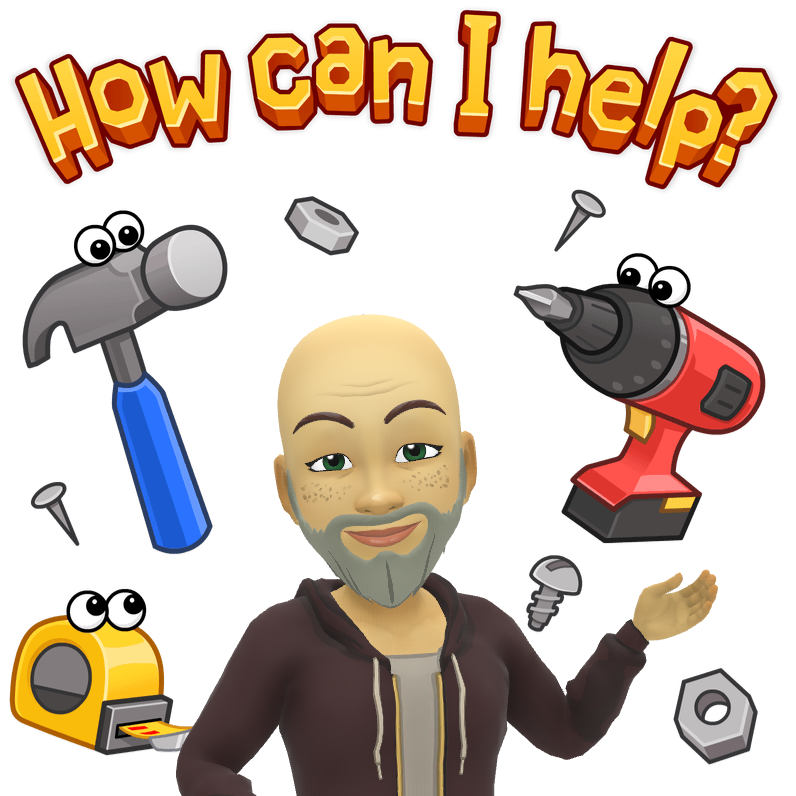 A cartoon man is surrounded by tools and says how can i help