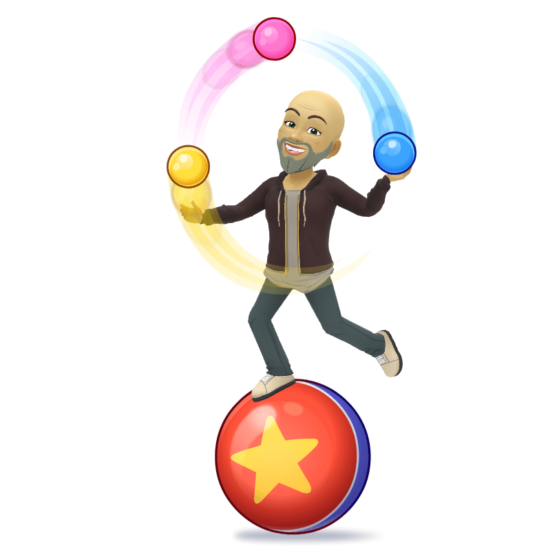 A man is juggling balls on top of a ball with a star on it.
