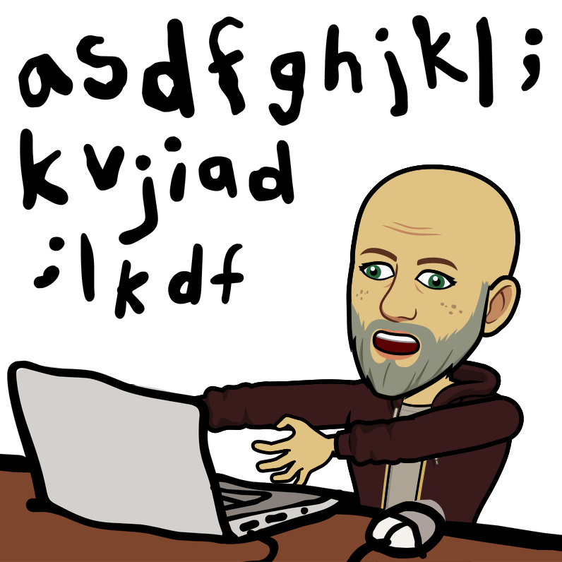 A cartoon of a man using a laptop with the letters of the alphabet written above him