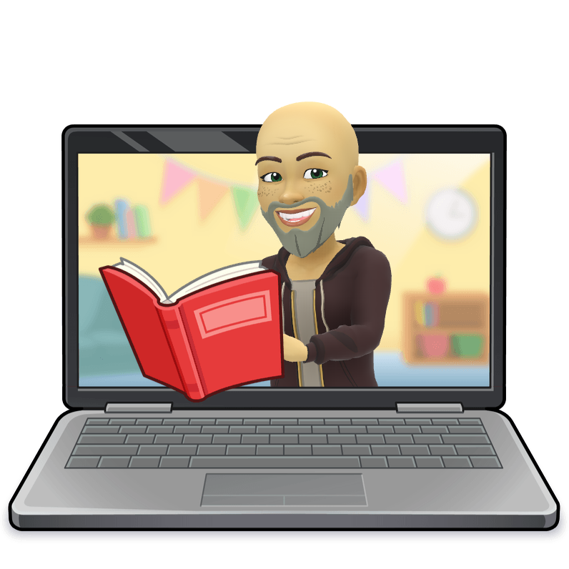 A man with a beard is reading a book on a laptop screen.