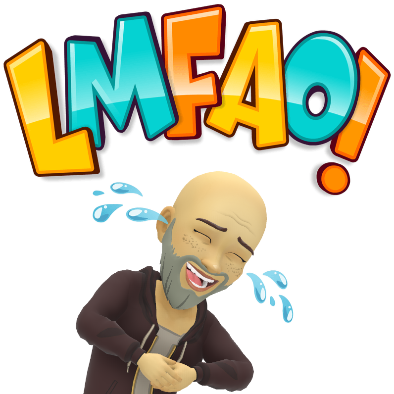 Cartoon person laughing with tears, the letters 