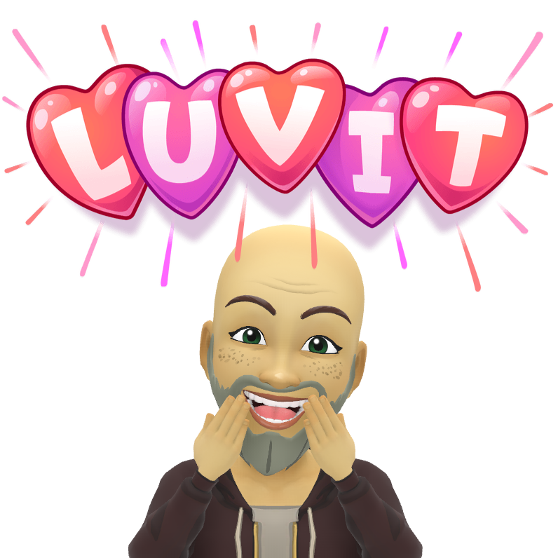 A bald man with a beard is surrounded by hearts that say luvit
