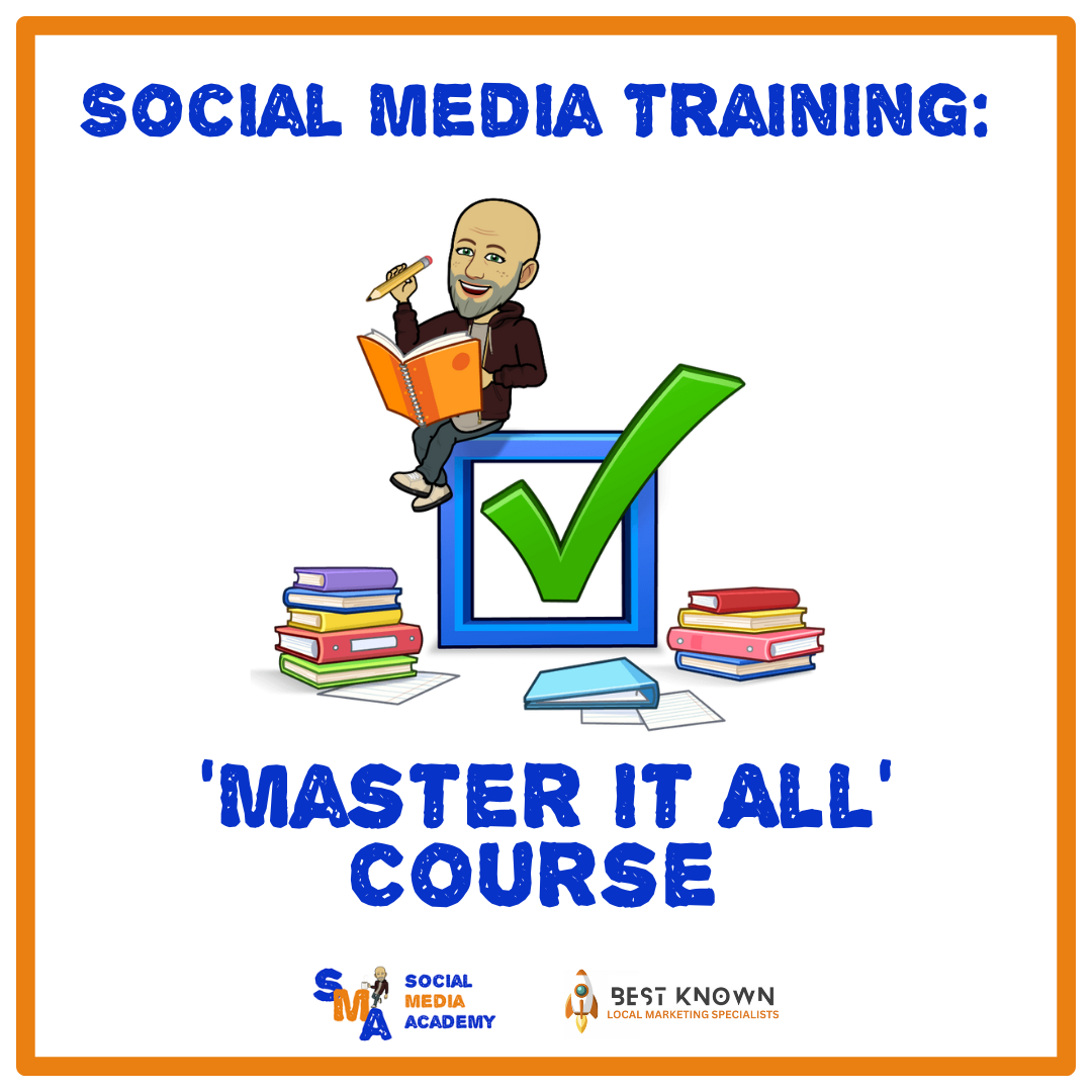 Social media training advertisement: cartoon man with book, checkmark, and books; orange and blue text.