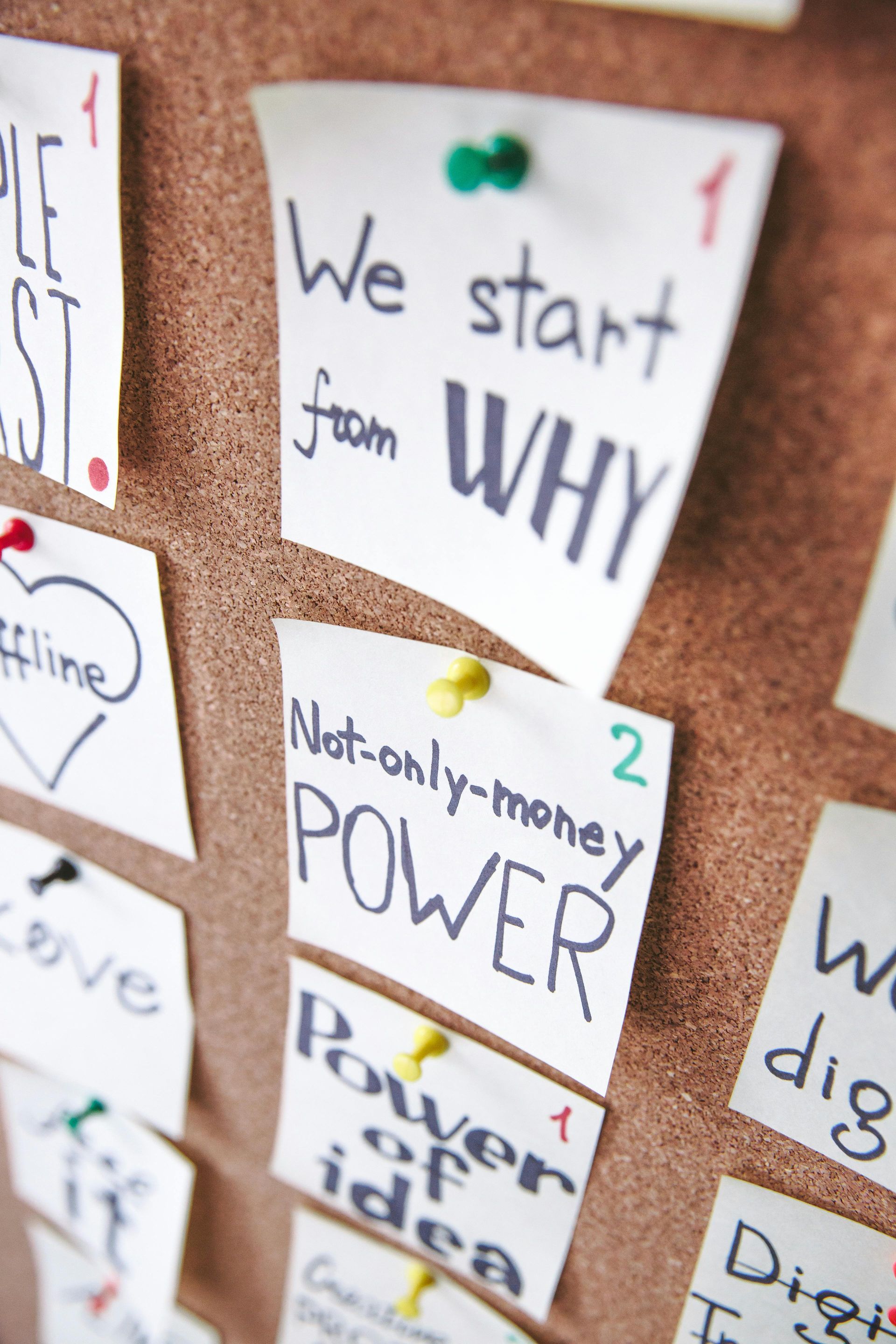 Corkboard with sticky notes: 