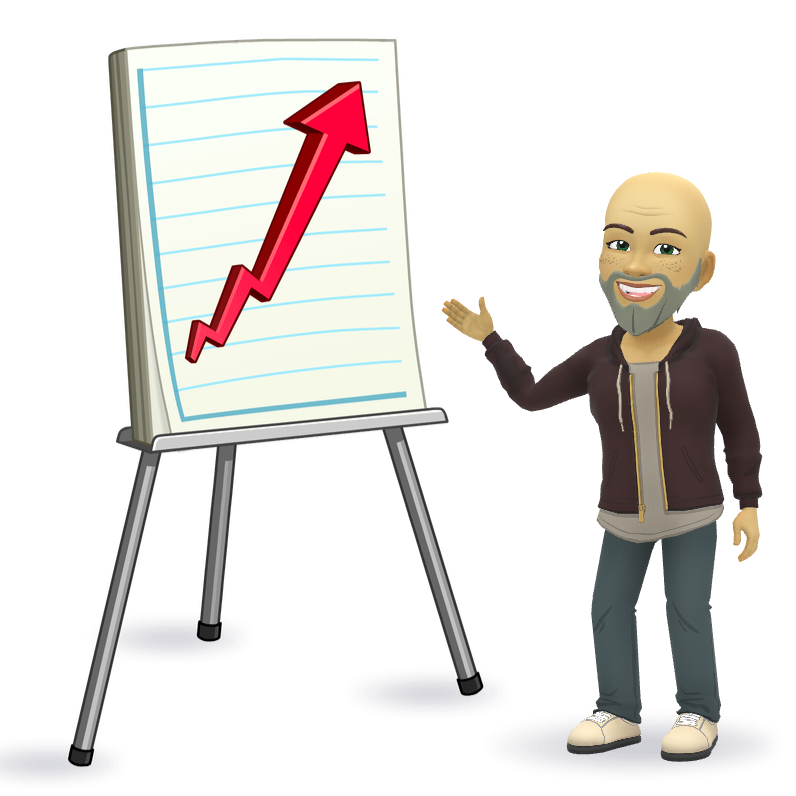 A cartoon man is standing in front of a white board with an arrow pointing up