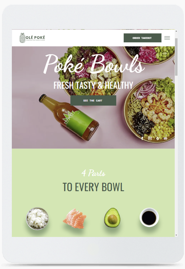 A tablet is open to a website for poke bowls.