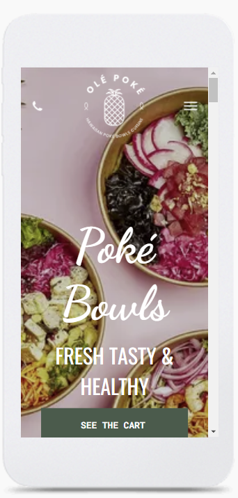A white cell phone with a screenshot of a website for poke bowls.