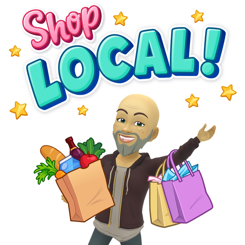A cartoon man is holding a bag of groceries and shopping bags.