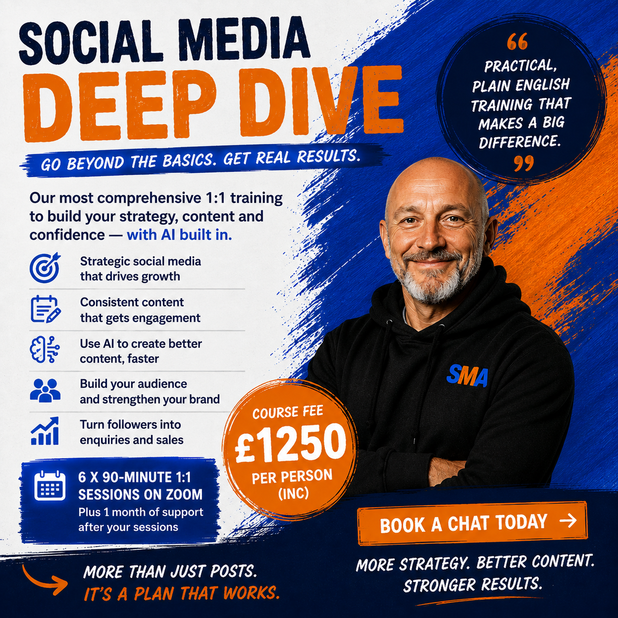 Social media training course advertisement with a man reading and a checkmark on a blue box.