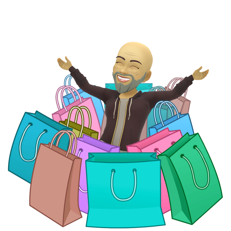 A bald man with a beard is surrounded by shopping bags. testimonial for Phil Gee Social Media Academy