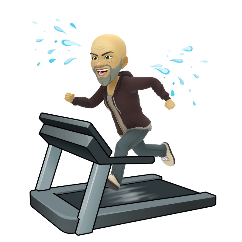 A bald man with a beard is running on a treadmill.