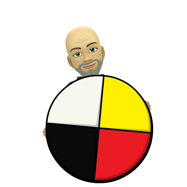 A bald man with a beard is holding a four colored circle.
