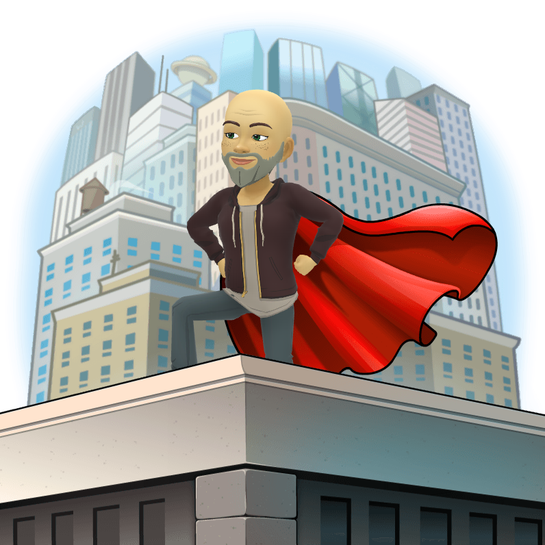 A man with a red cape is standing on top of a building