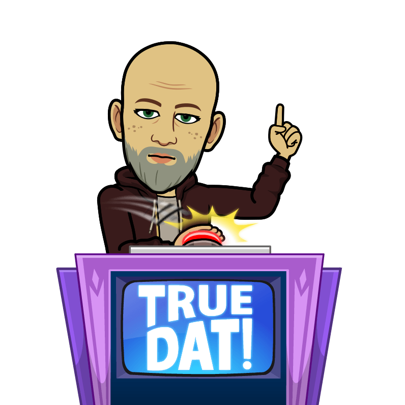 A cartoon man is standing in front of a podium that says true dat