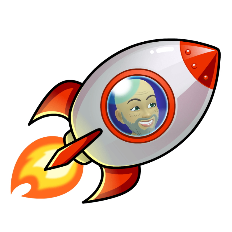 A cartoon rocket with a man 's face in the window