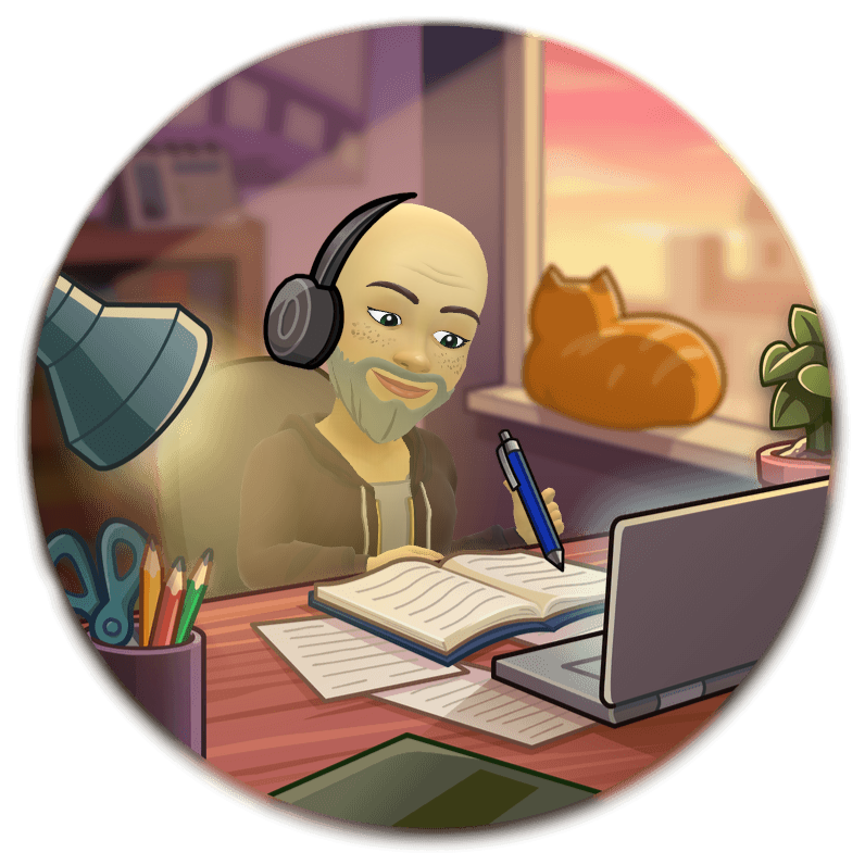 A man wearing headphones is writing in a notebook