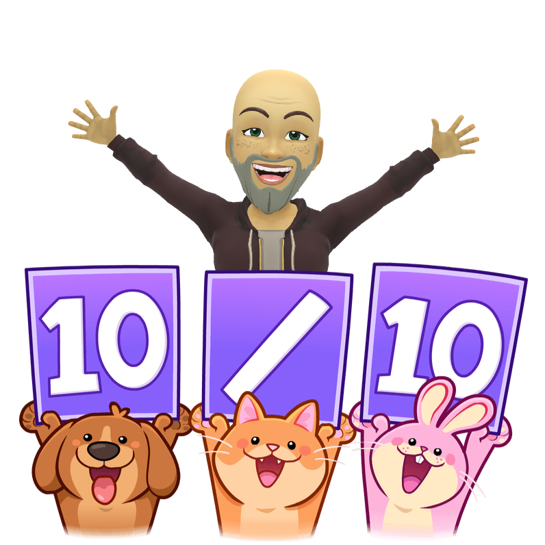 A man and two animals are holding up signs that say 10