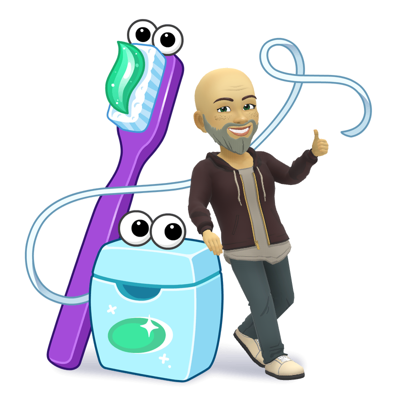 A man is standing next to a toothbrush , floss and toothpaste.