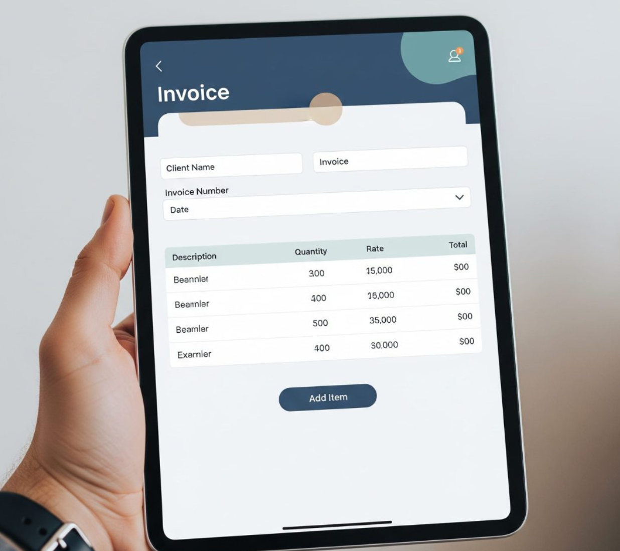 Hand holding tablet displaying invoice form with input fields and itemized data.