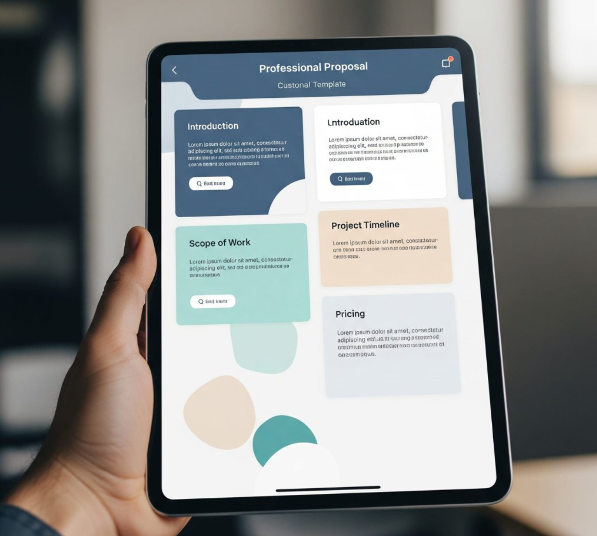 A person holding a tablet displaying a proposal with content sections and a clean design.