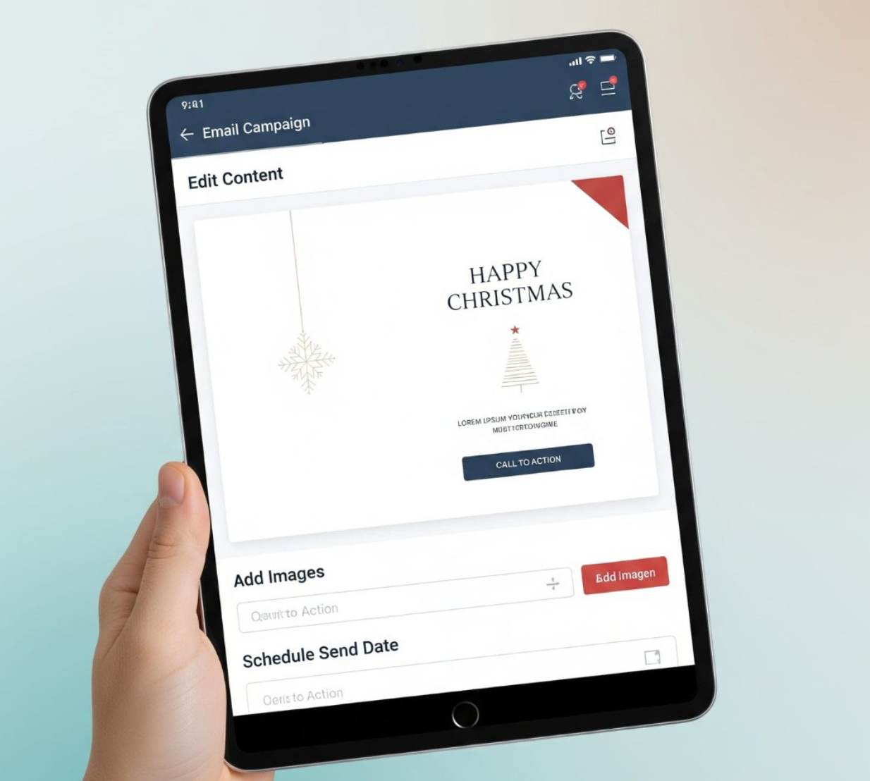 Tablet showing a Christmas card design, held by a hand. The card says