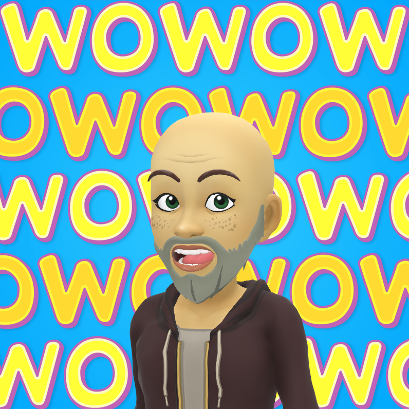 A bald man with a beard is standing in front of a blue background that says wow