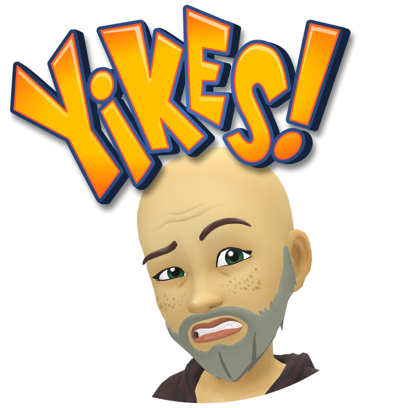 A bald man with a beard has the word yikes above his head