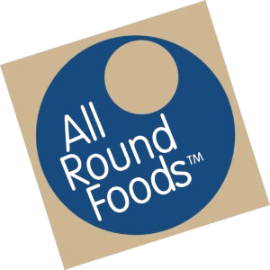A logo for all round foods with a blue circle