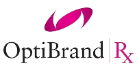 The logo for optibrand rx is a pink oval with a white background.
