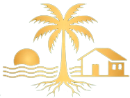 Logotipo dourado de casa de praia com palmeira, sol, ondas e raízes em fundo branco.