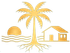 Logotipo dourado de casa de praia com palmeira, sol, ondas e raízes em fundo branco.