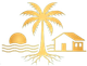 Logotipo dourado de casa de praia com palmeira, sol, ondas e raízes em fundo branco.