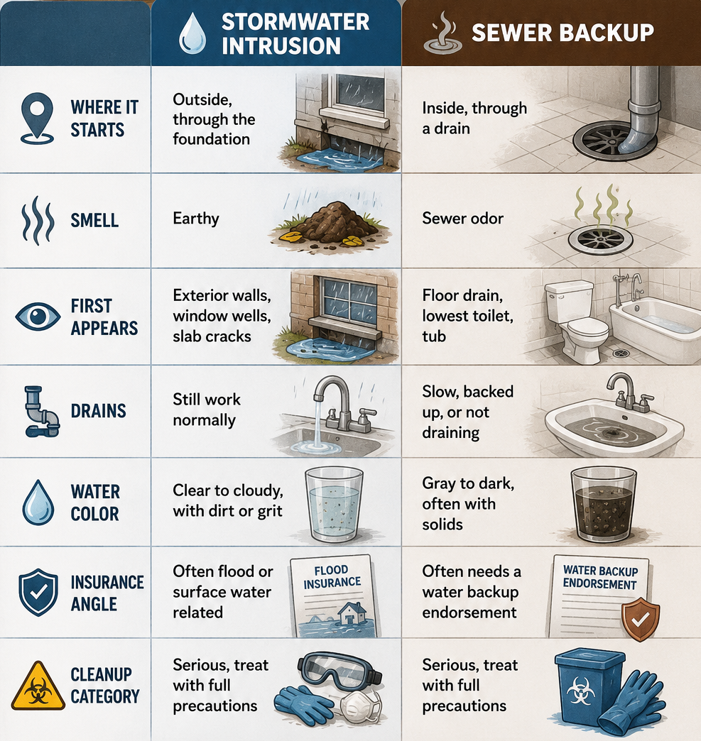 Stormwater intrusion vs sewer backup warning signs chart with icons and photos of drains, sinks, and water stains