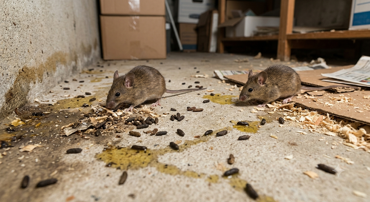 Rodent droppings and urine on the floor
