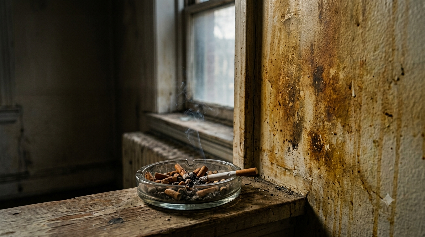 An ashtray filled with cigarette butts sitting next to a heavily nicotine stained wall.