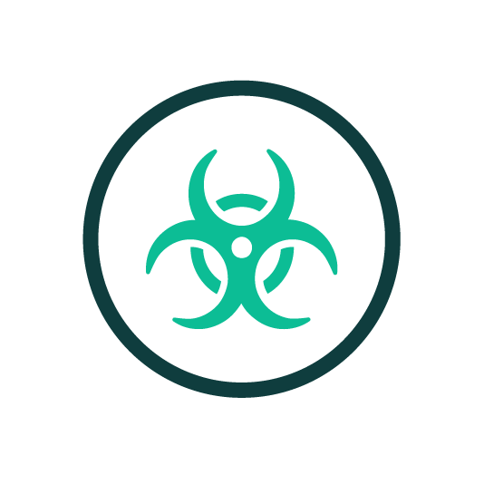 Biohazard symbol in teal within a teal-bordered circle.